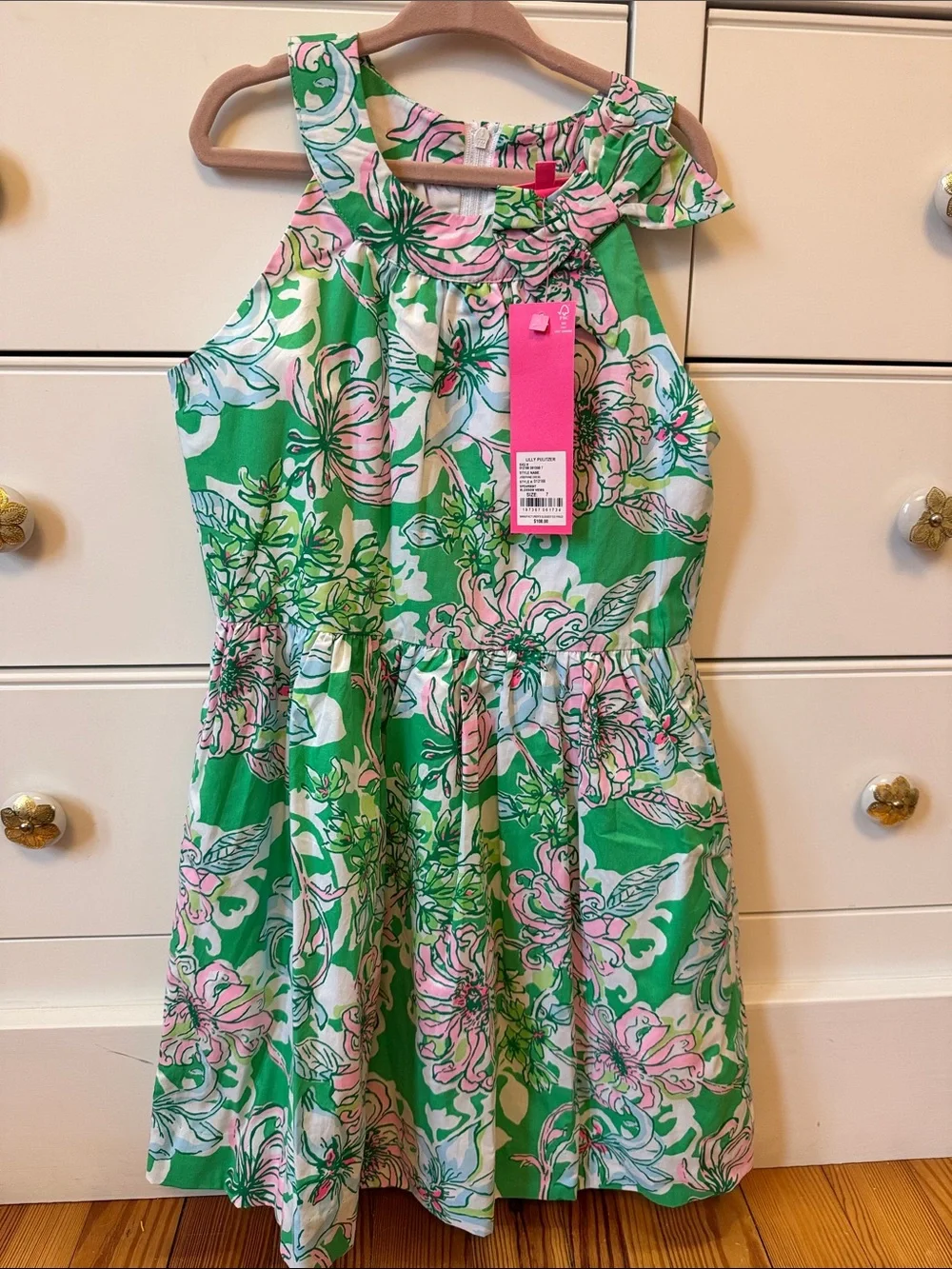 Lilly Pulitzer Green Floral Halter Dress with Pink Accents